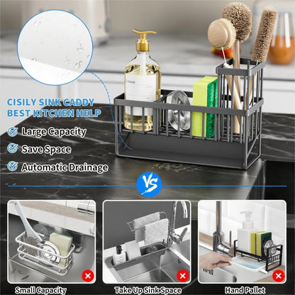 Cisily Kitchen Sink Caddy Organzier with High Brush Holder, Sponge Holder for Sink, 304 Rustproof Stainless, Kitchen Countertop Soap Dispenser Organizer, Kitchen Decor and Accessories (Black) - PuriLite