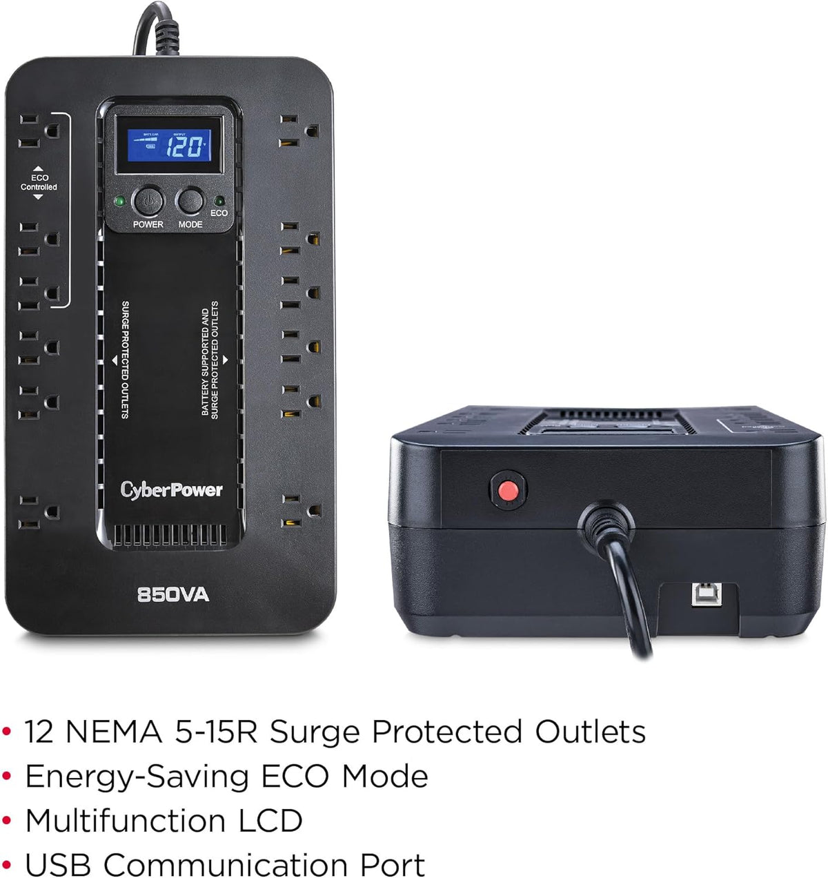 CyberPower EC850LCD Ecologic Battery Backup & Surge Protector UPS System, 850VA/510W, 12 Outlets, ECO Mode, Compact, Uninterruptible Power Supply - PuriLite