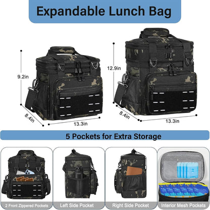 Lunch Box Cooler Bag - Insulated Tactical Lunchbox for Men - XLarge Lunch Pail Lunch Kit for Adults Work Outdoor Shifts Trips Black Camo 25L - PuriLite