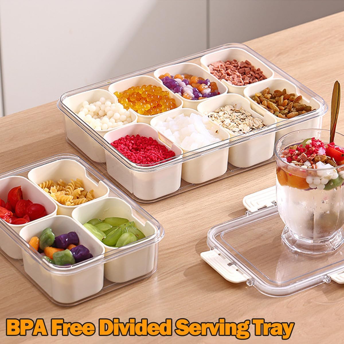 KIGITIONE Snackle Box, Pink 8 Compartments Portable Serving Tray, Divided Snackle Box Container with Lid and Handle, Snack Organizer for Fruits, Snacks, Nuts, Candy, Ideal for Party, Travel & Picnics - PuriLite