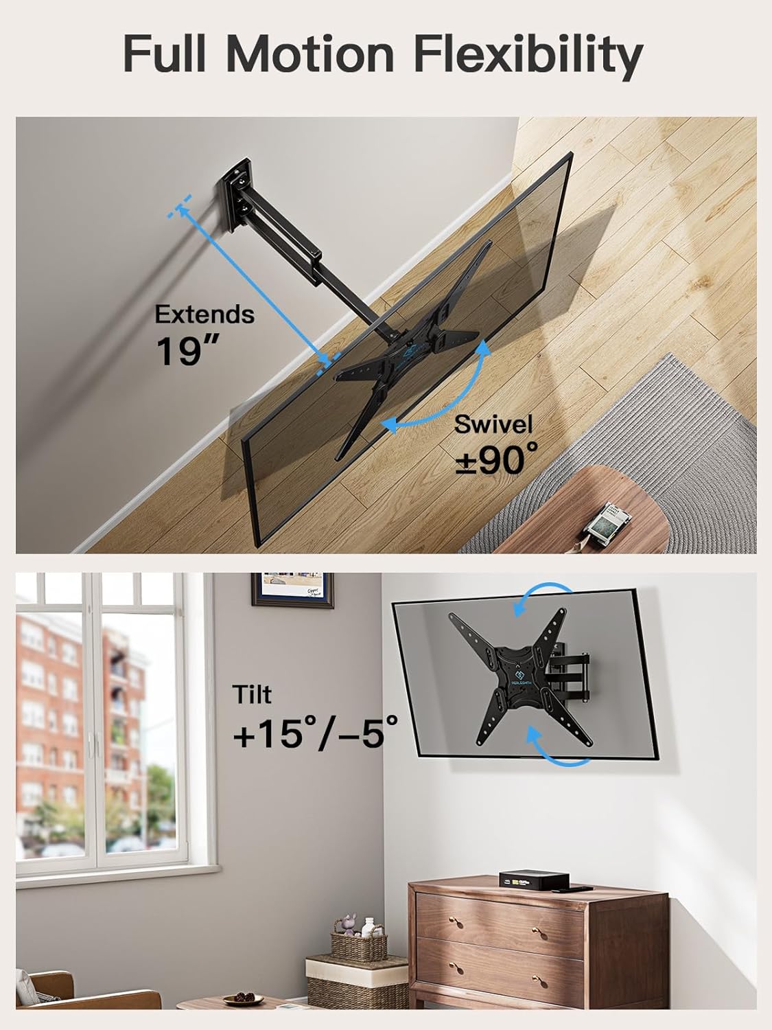 PERLESMITH Full Motion TV Wall Mount for 26-60 Inch Flat, Curved, LED, LCD, OLED, 4K TVs with Tilt, Swivel, Extension, Level, Articulating Arms TV Bracket VESA 400x400, Corner TV Mount up to 77 lbs - PuriLite