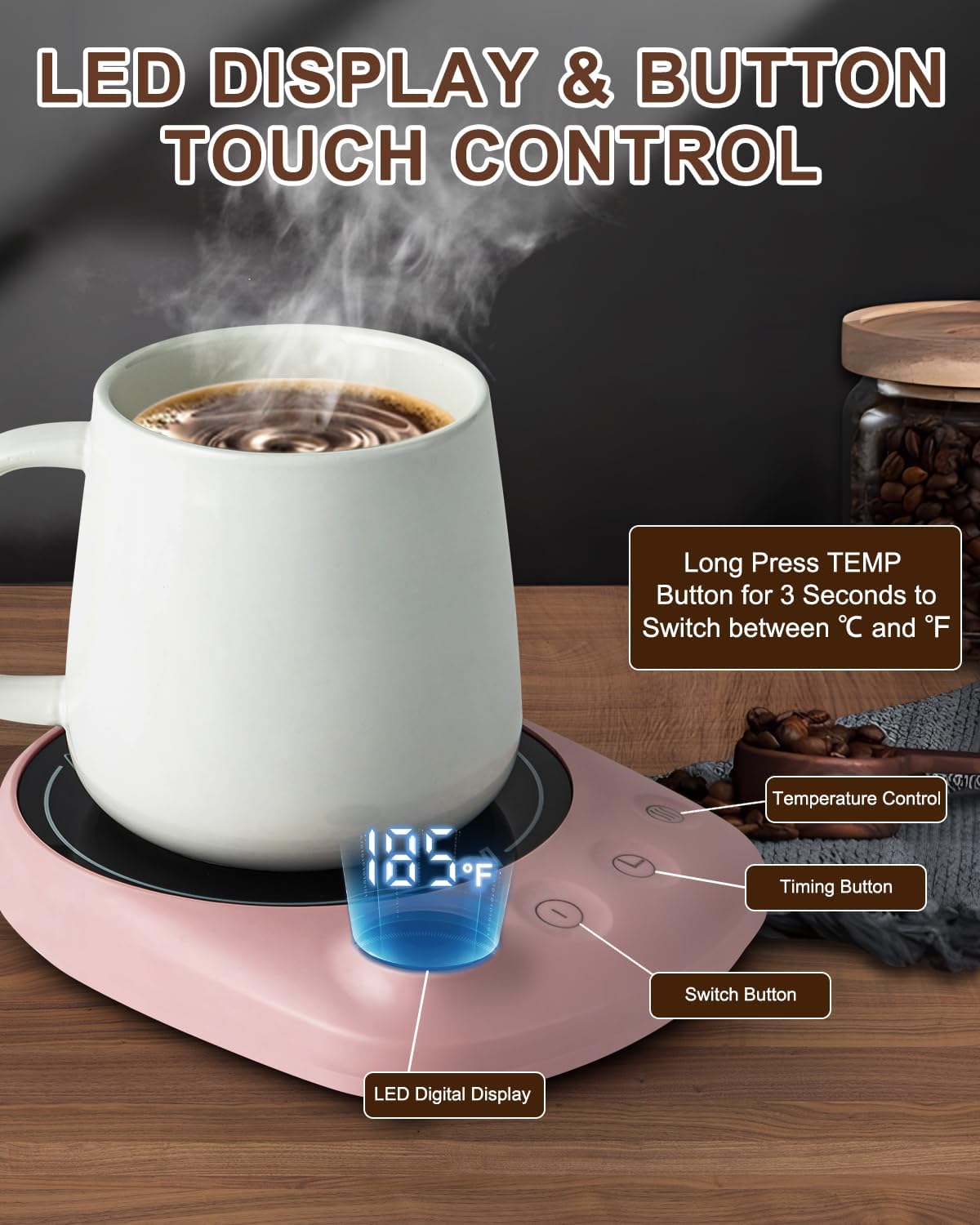 MYMULIKE Mug Warmer, Coffee Mug Warmer for Desk with 4 Temperature Settings (55℃/65℃/75℃/85℃), Coffee Warmer with Auto Shut Off, 1-12 Hour Timer, Desk Accessories for Office/Home - PuriLite