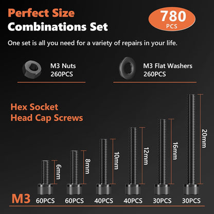 360Pcs M4 Screw Assortment Kit, Bolts Screws Nuts Kit, M4*6/8/12/16/20/30mm Metric Hex Socket Head Cap Bolts, 12.9 Grade Alloy Steel Black Screws with Wrench for 3D Printer, Black Zinc Plated - PuriLite