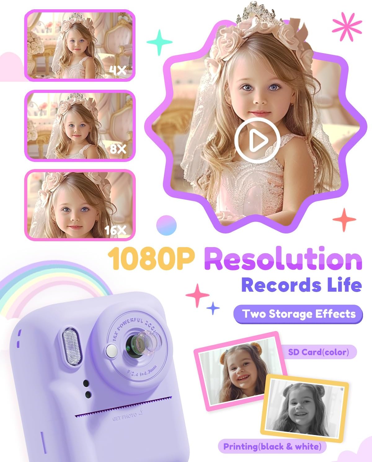 Pussan Kids Camera Instant Print, 1080P Instant Print Camera Toys for 3-12 Year Old Girls, Christmas Birthday Gifts for Age 3 4 5 6 7 Girls, Kids Digital Camera Toys with 3 Rolls Print Paper-Pink - PuriLite
