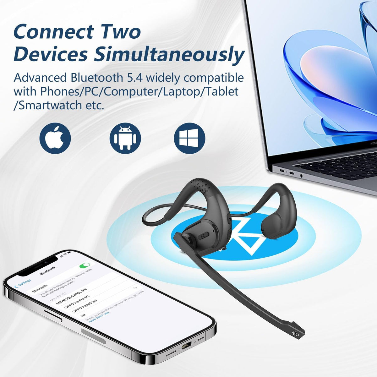 BANIGIPA Bluetooth Headset with Removable Microphone, Noise Cancelling Wireless Headset for Phones Laptop Computer PC, Open Ear Headphones for Office Meeting Running Cycling Driving Working-12 Hrs - PuriLite
