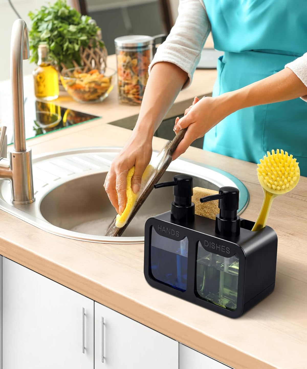 Kitchen Hand Soap and Dish Soap Dispenser Set – Dual Pump Soap Dispenser with Sponge and Brush Holder, 4-in-1 Sink Organizer, BPA-Free, Compact Kitchen Countertop Storage, Black - PuriLite