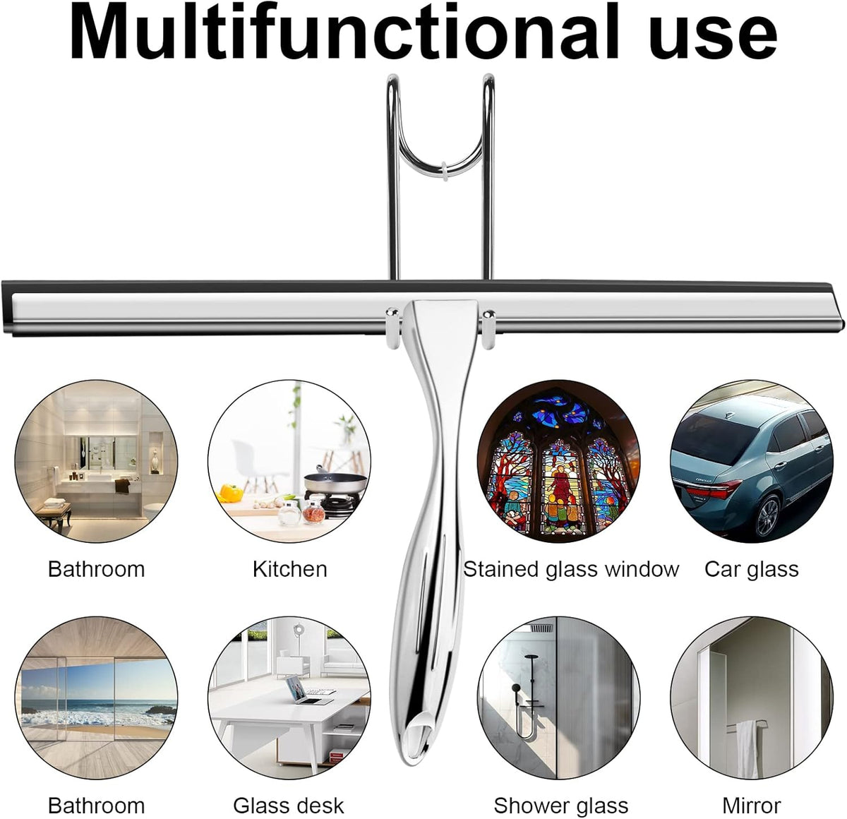14 Inch Shower Squeegee Stainless Steel with Shower Door Hook and Adhesive Hook Glass Squeegee Bathroom for Doors, Bathroom, Windows, Kitchen, Mirror with Spare Silicone Blade 2 Hooks - PuriLite