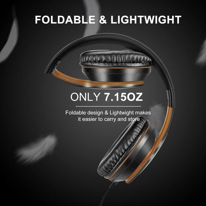 LORELEI X6 Over-Ear Headphones With Microphone, Lightweight Foldable & Portable Stereo Bass With 1.45M No-Tangle Wired for Smartphone Tablet MP3/4 (Black-Gold) - PuriLite