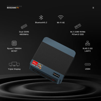 BOSGAME Gaming Mini Pc Ryzen 9 6900HX【Dual 2.5GbE LAN】 11 Pro-OS P3 Mini Computers Equiped Radeon 680M GPU 2400Mhz 32GB DDR5 & 1TB SSD, Wi-Fi 6E, BT5.2, USB 4(40Gbps), Office, Gaming, Meeting - PuriLite