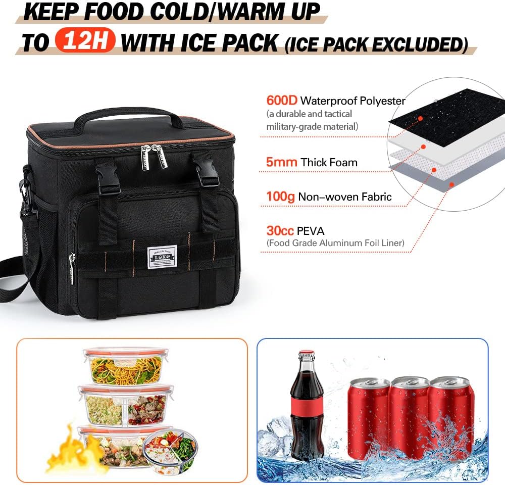 Lekebobor Tactical Lunch Bag for Men, Leakproof Large Insulated Lunch Box with Molle, Waterproof Cooler Bag for Adults Men Outdoor Picnic Travel Office, 24Can (15L), Black - PuriLite