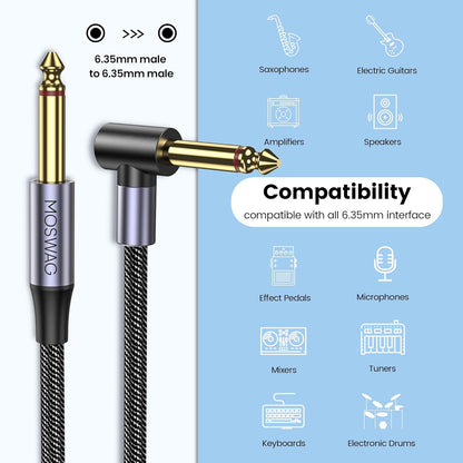 MOSWAG Guitar Cable 10 Ft, 1/4 Inch Right Angle Instrument Cable, Electric Guitar Cord, 1/4 Inch TS Electric Guitar Amp Cord Compatible Bass Guitar, Electric, Bass, Amplifier - PuriLite