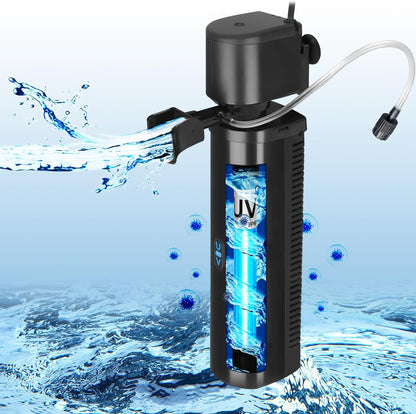 Aquarium Filter for 40-100 Gallon Tank, U-V Fish Tank Green Clean Machine Submersible Powerful Pump Canister Filter 400GPH for Pond Turtle Tank Saltwater Freshwater Crystal Clear Green Killing