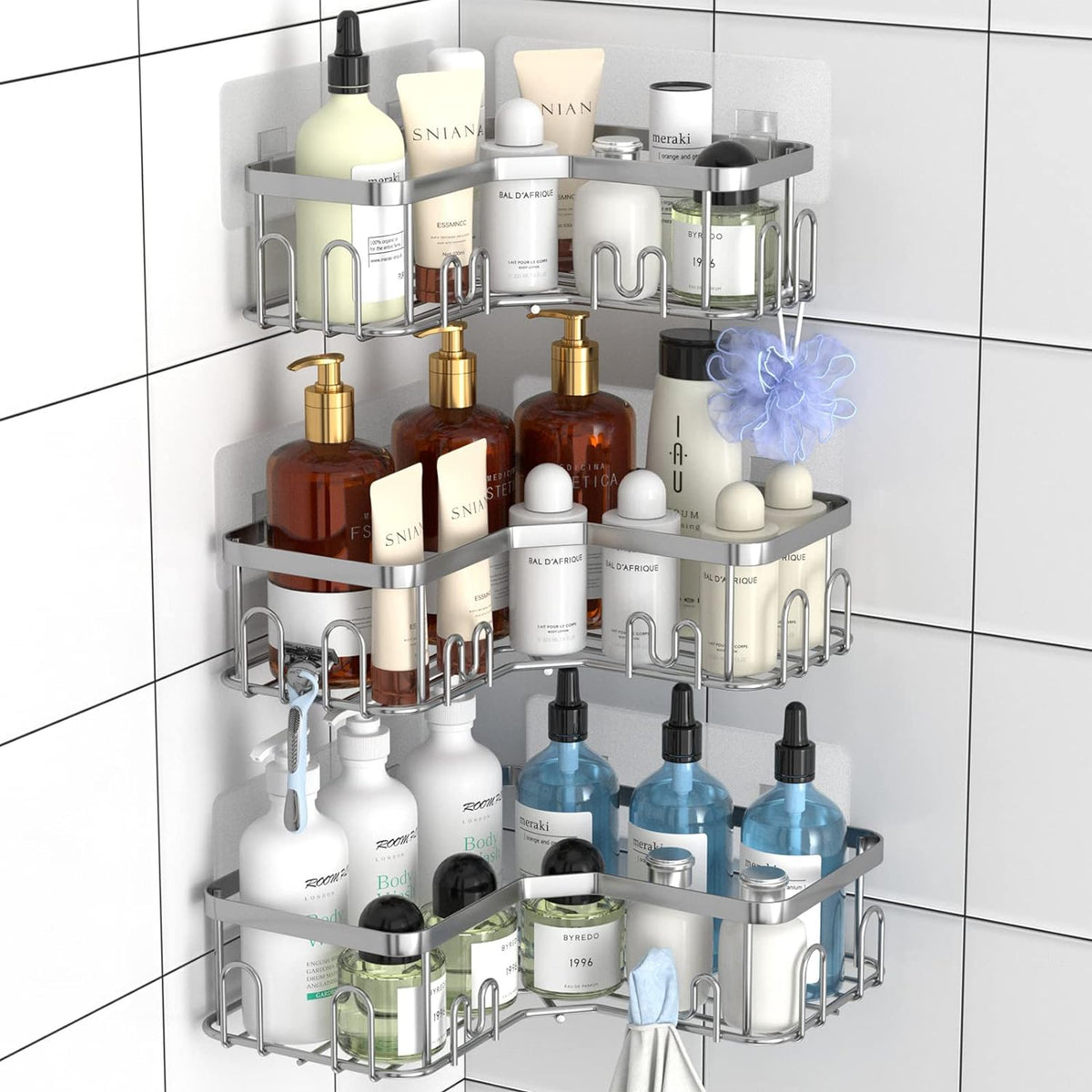 3 Pack Corner Shower Caddy/Shelf with 18 Hooks, Stainless Steel Adhesive Shower Organizer for Bathroom Storage (Silver) - PuriLite