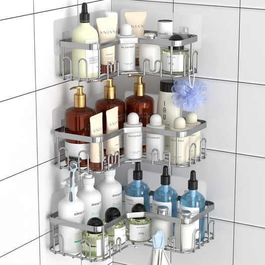 3 Pack Corner Shower Caddy/Shelf with 18 Hooks, Stainless Steel Adhesive Shower Organizer for Bathroom Storage (Silver) - PuriLite