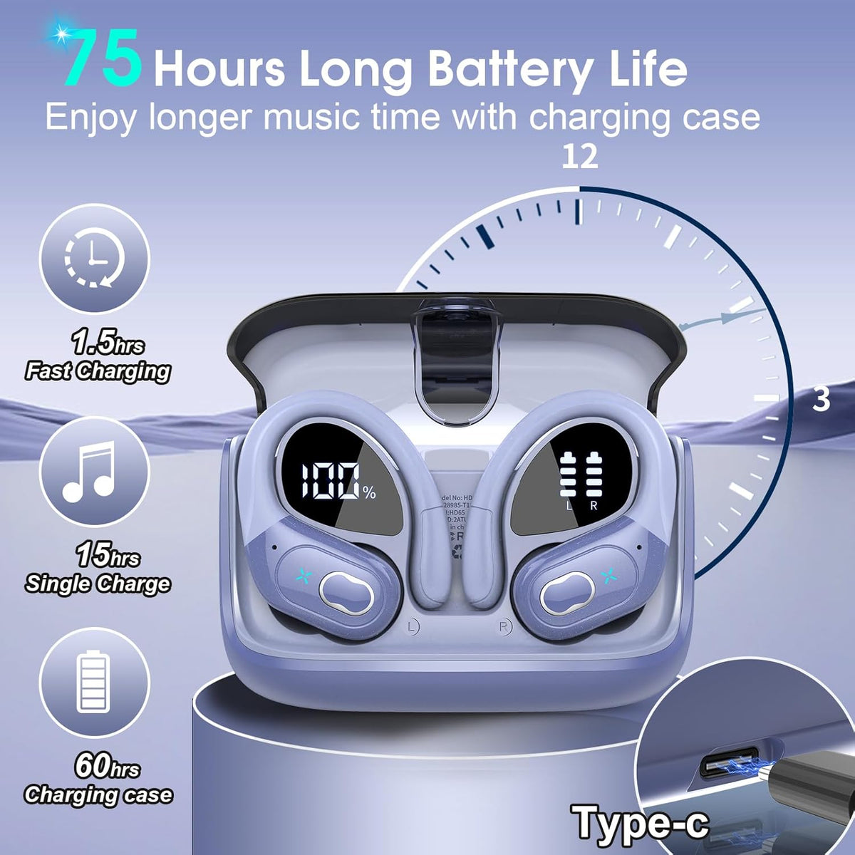 STECEi Wireless Earbuds 75hrs Bluetooth 5.4 Headphone Sport, Bluetooth Earbuds HiFi Stereo Over Ear Bud with Earhooks, ENC Noise Cancelling Mic, IP7 Waterproof Wireless Earphone for Workout/Running - PuriLite