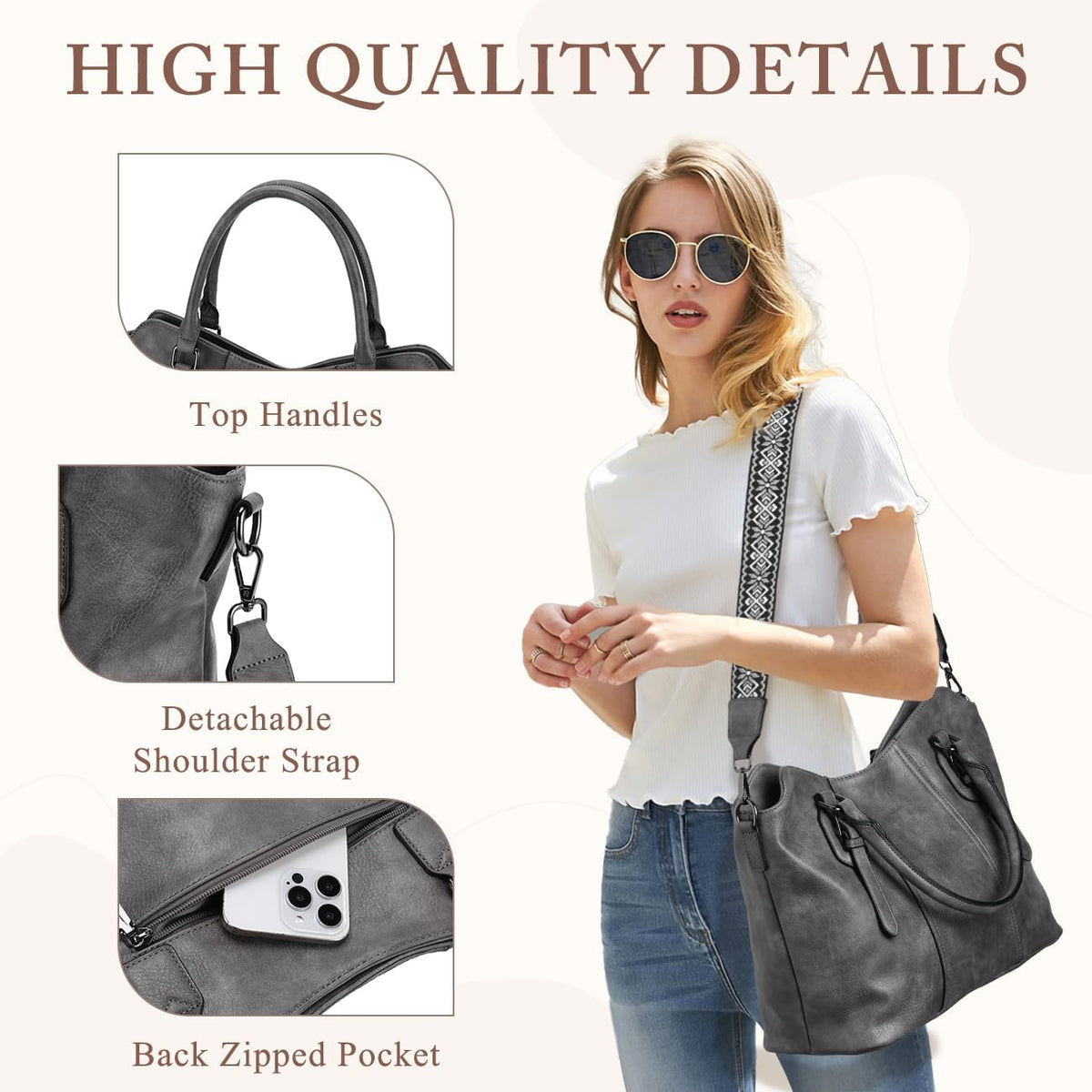 Hobo Bags for Women,VASCHY Vegan Leather Handbag Purse Top Handle Satchel Boho Shoulder Bag with Crossbody Guitar Strap - PuriLite