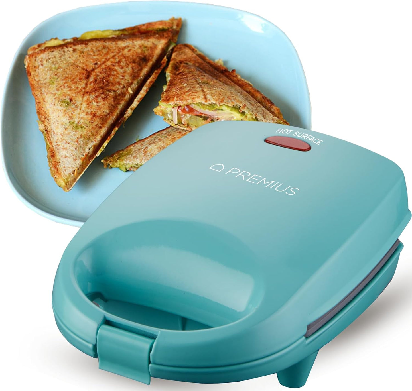 PREMIUS Ceramic NonStick Mini Snack Sandwich Maker, Indicator Light, 5x4.4 Inch Mold, Great for French Toast, Tuna Melt, Egg & Grilled Cheese, Pancake Sandwich, Desserts, Toasties, 520 W (Red) - PuriLite