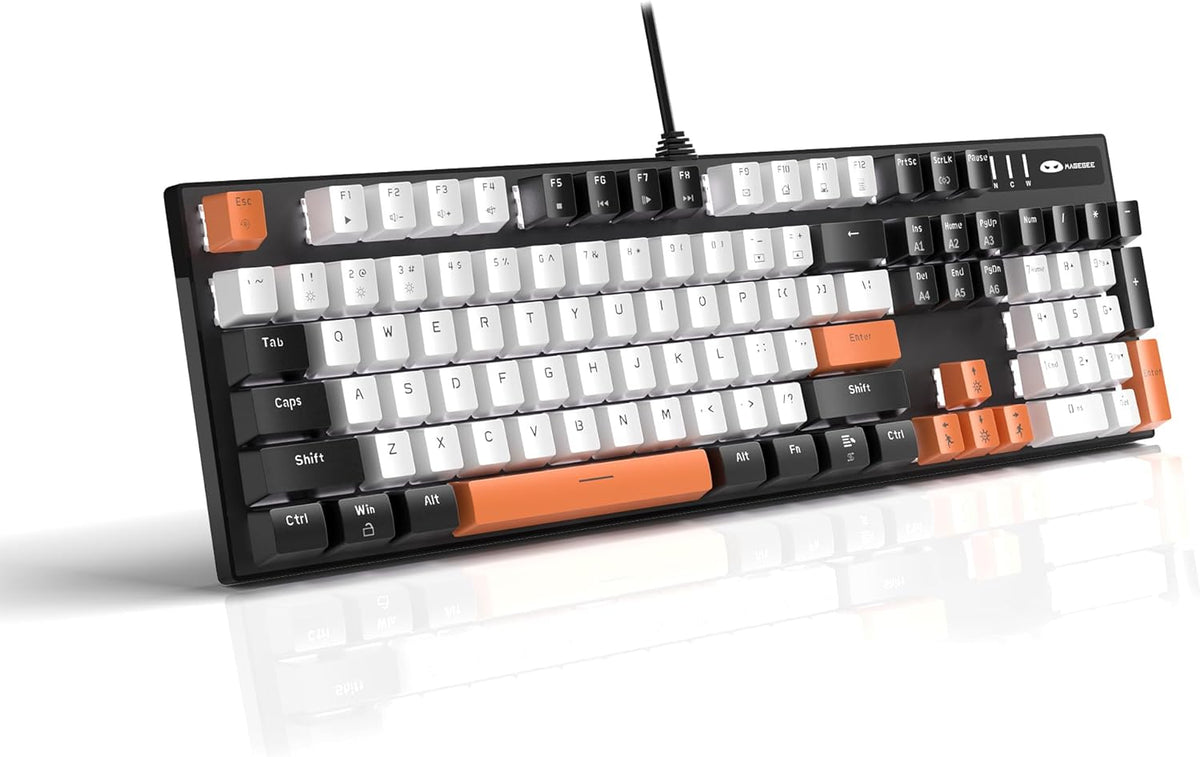 Mechanical Gaming Keyboard, 104 Keys White Backlit Mechanical Keyboards with Red Switches & Double-Shot Keycaps, MageGee Wired Ergonomic Computer Keyboard for Desktop, PC Gamers (White & Blue) - PuriLite