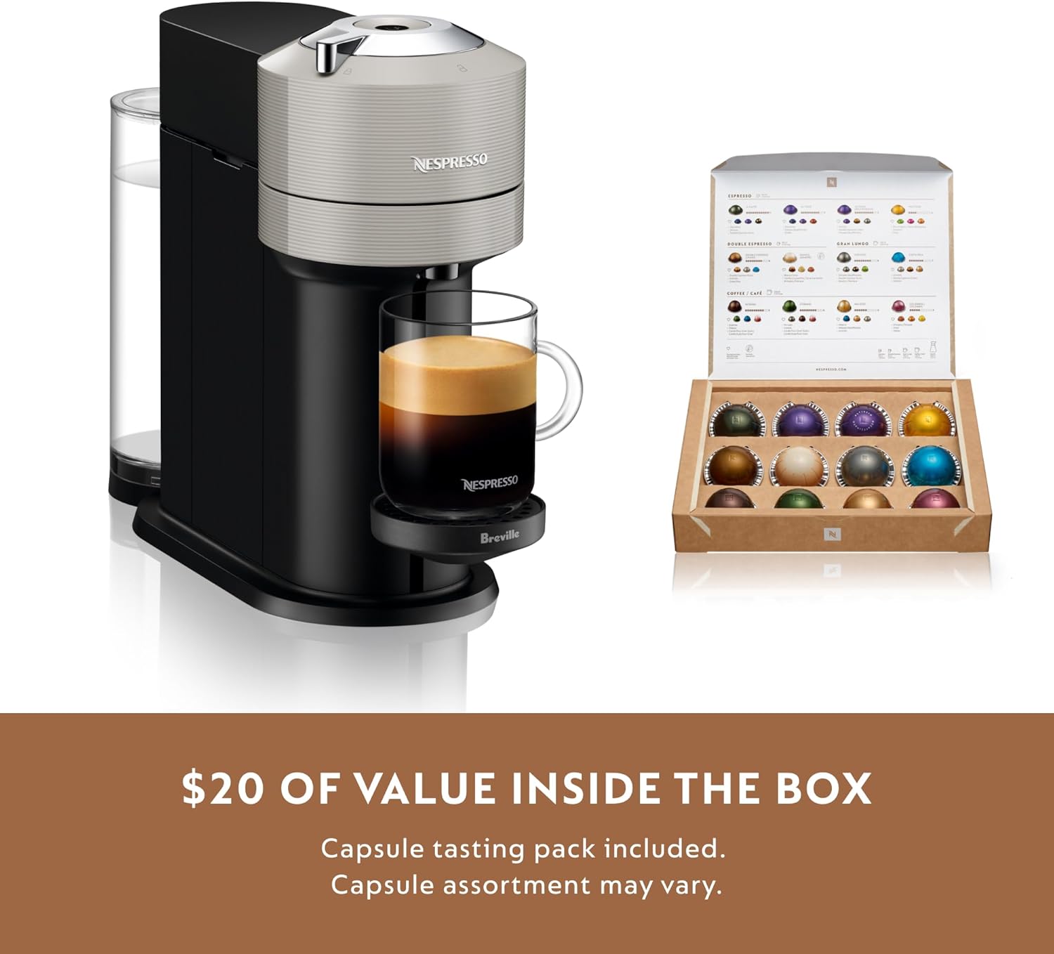 Nespresso Vertuo Next Coffee and Espresso Machine by Breville with Aeroccino Milk Frother - Light Grey - PuriLite