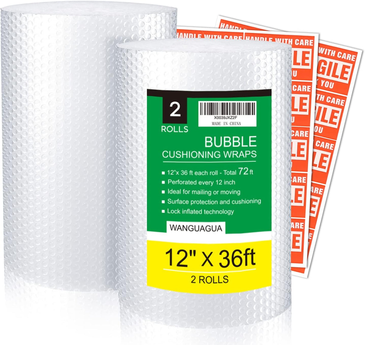 wanguagua 2 Pack 12 Inch x 72 ft Total Bubble Packing Wrap for Moving Boxes Shipping Cushioning Supplies Perforated Every 12” - PuriLite