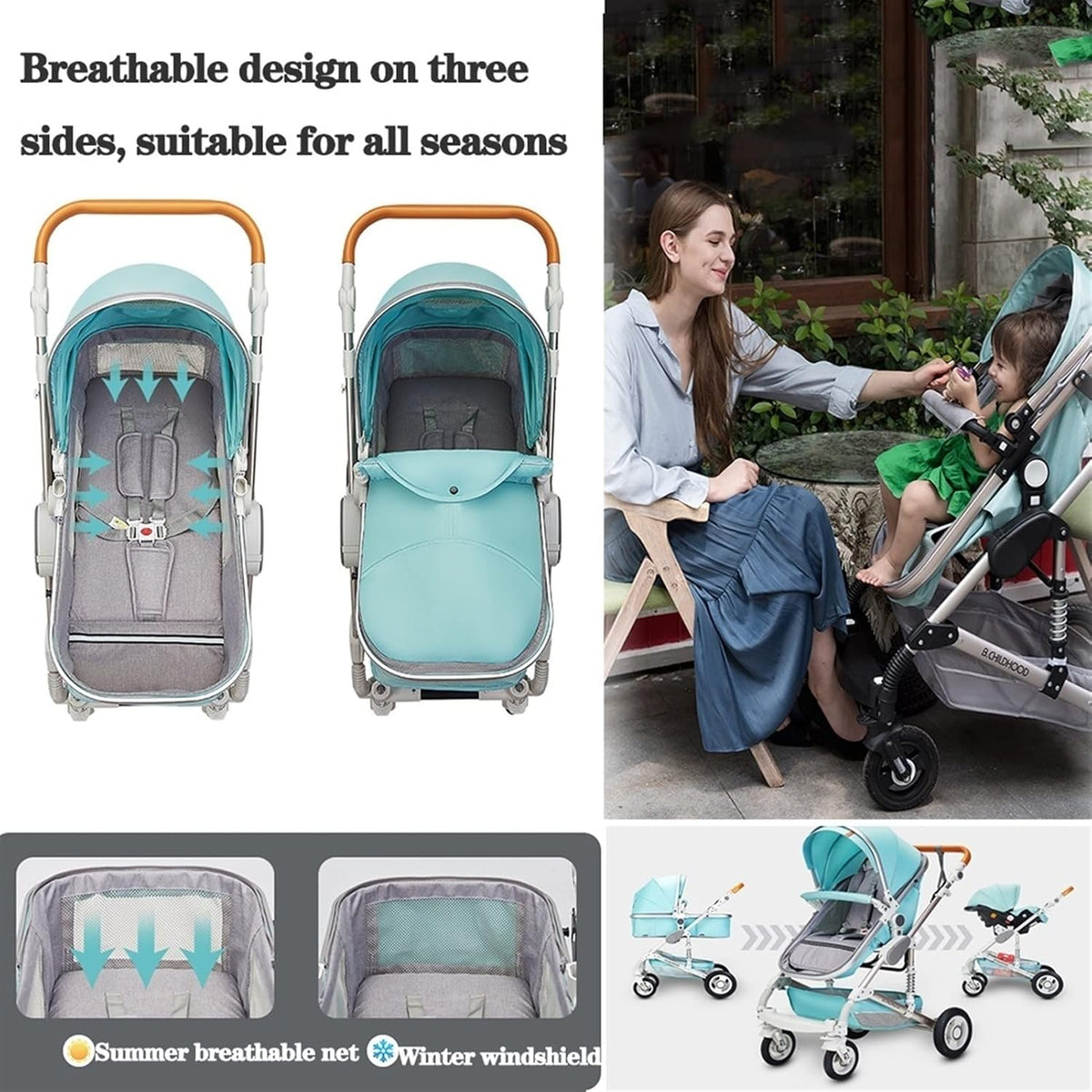 Newborn 3 in 1 Baby Stroller - Lightweight, Foldable Infant Carriage Luxury Pram, Anti-Shock Toddler Pushchair (Black) - PuriLite