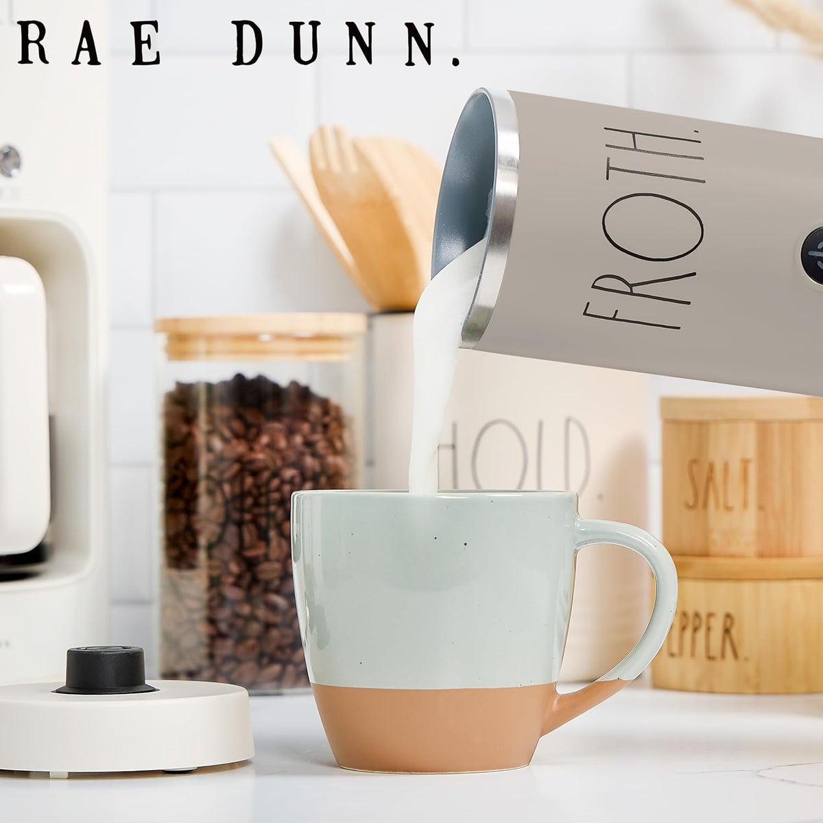 Rae Dunn - Electric Milk Frother - Elegant Automatic Milk Steamer and Frother, Milk Warmer, Hot and Cold Frothing Machine for Coffee, Latte, Cappuccino, Macchiato, - PuriLite