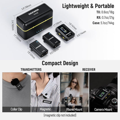 NEEWER CM28 Wireless Lavalier Microphone System with Charging Case, 1 Click Noise Canceling, 4GB Storage for 9Hrs of 48KHz 16 Bit Uncompressed Audio Lapel Mic Compatible with iPhone/Android/PC/Camera - PuriLite