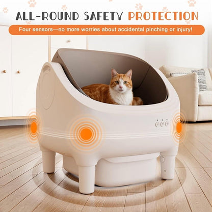 GUNJI Self Cleaning Cat Litter Box, Open-Top Automatic Self-Cleaning Litter Box, Design for Multi-Cat Families, Integrated Safety Protection, Includes Trash Bags (Brown) - PuriLite