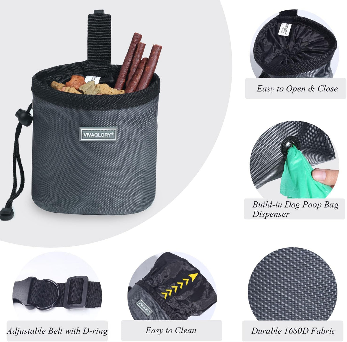 VIVAGLORY Dog Treat Bags, Puppy Pet Dog Training Treats Pouch Hands-Free 2 Ways to Wear with Adjustable Waistband and Built-in Dog Waste Bag Dispenser, Grey - PuriLite