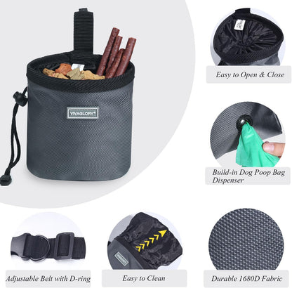 VIVAGLORY Dog Treat Bags, Puppy Pet Dog Training Treats Pouch Hands-Free 2 Ways to Wear with Adjustable Waistband and Built-in Dog Waste Bag Dispenser, Grey - PuriLite