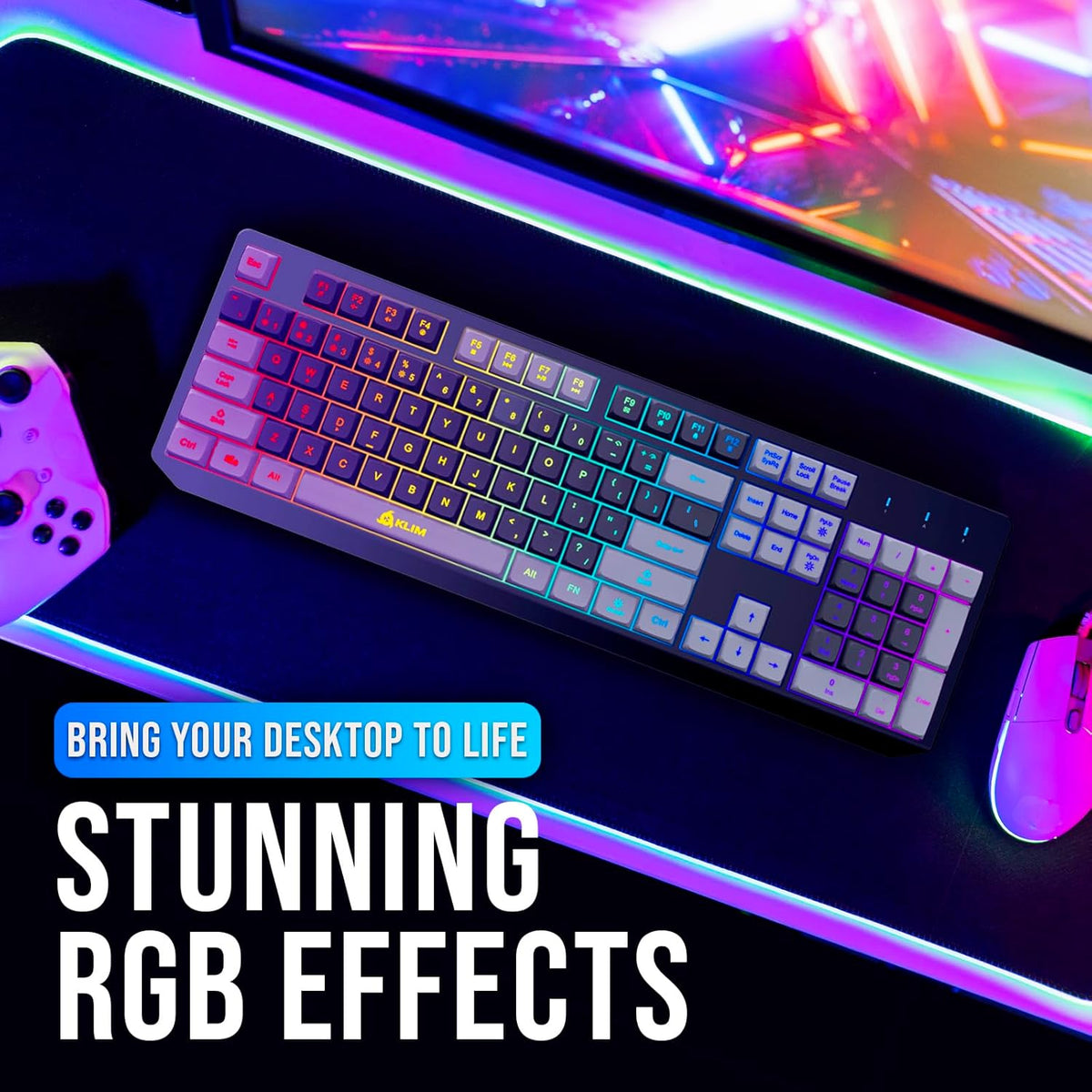 KLIM  Chroma Wireless Gaming Keyboard RGB New - Long-Lasting Rechargeable Battery - Quick and Quiet Typing - Water Resistant Backlit Wireless Keyboard for PC PS5 PS4 Mac - Black - PuriLite