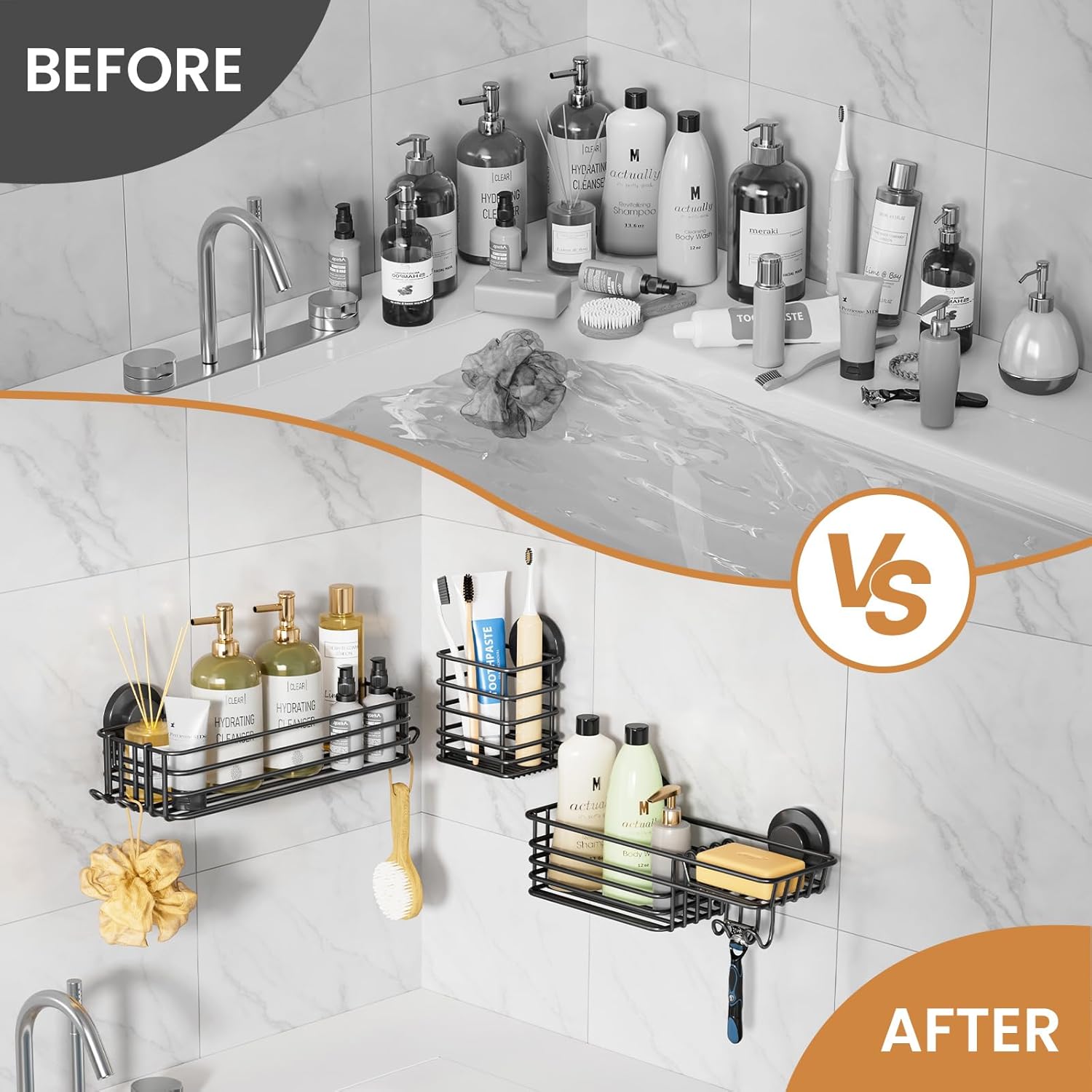 LEVERLOC Shower Caddy Suction Cup, 2 Pack Black Shower Shelf with Hooks and Soap Holder, NO-Drilling Bathroom Organizer, Rustproof Metal Bathroom Storage and Organization - PuriLite