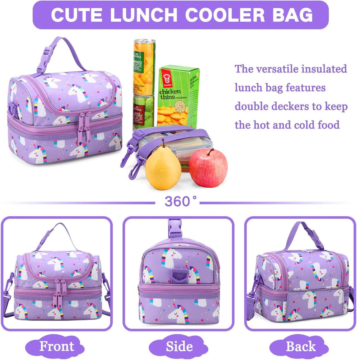 VASCHY Lunch Box Bag Men, Insulated Two Compartments Bento Cooler Bags for Adults/Women/Kids for School,Daycare,Kindergarten,Picnic Black - PuriLite