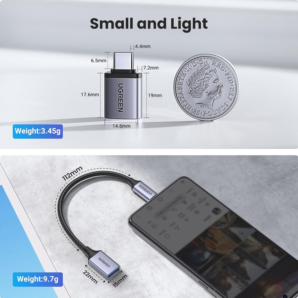 UGREEN USB C to USB Adapter 2 Pack, USB 3.2 Gen 2 10Gbps USB C Adapter USB C Male to USB 3.2 Female Adapter OTG Compatible with iPhone 15, Galaxy S24 S23 Ultra, MacBook Pro Air, iPad Pro Mini, Grey - PuriLite