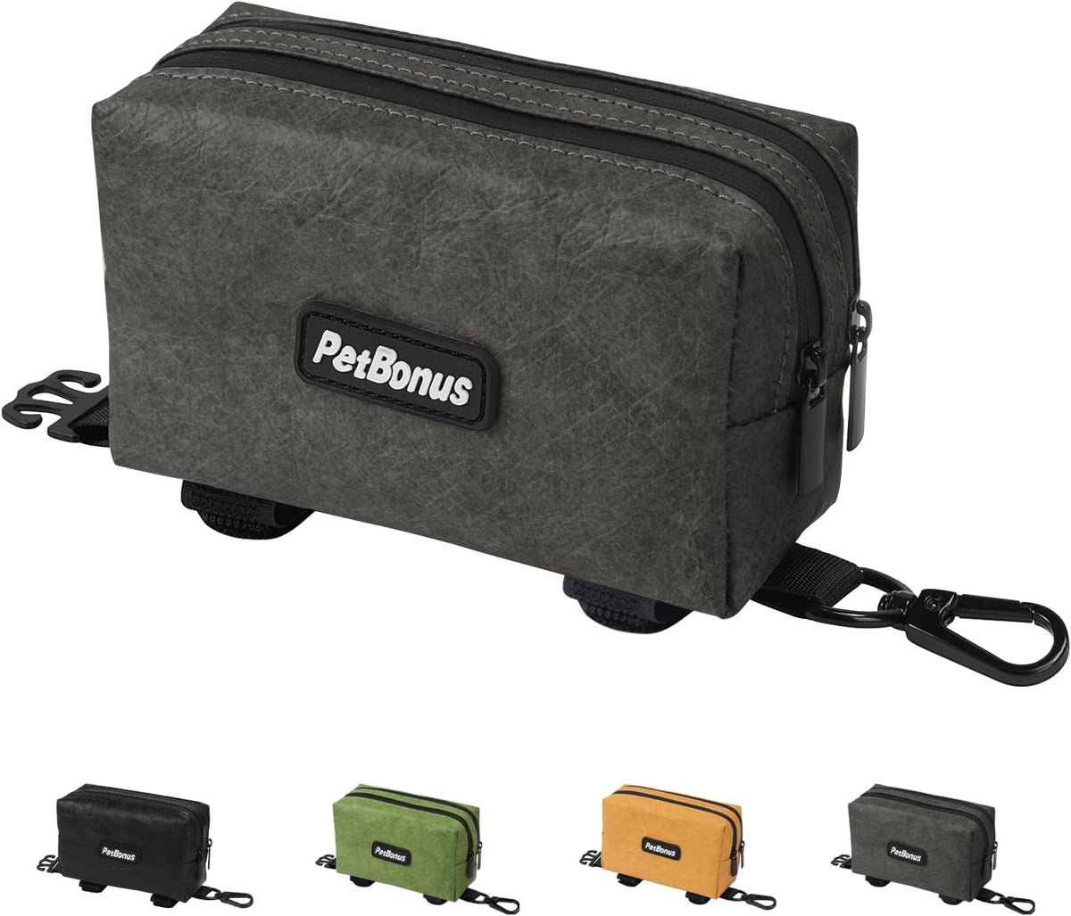 PetBonus Waterproof Dog Poop Bag Holder for leashes, Portable Pet Waste Bag Dispenser, 2 Pouches for Treat Holder and Walking Accessories, Fit All Leashes, Includes 1 Roll of Dog Poop Bags (Green) - PuriLite
