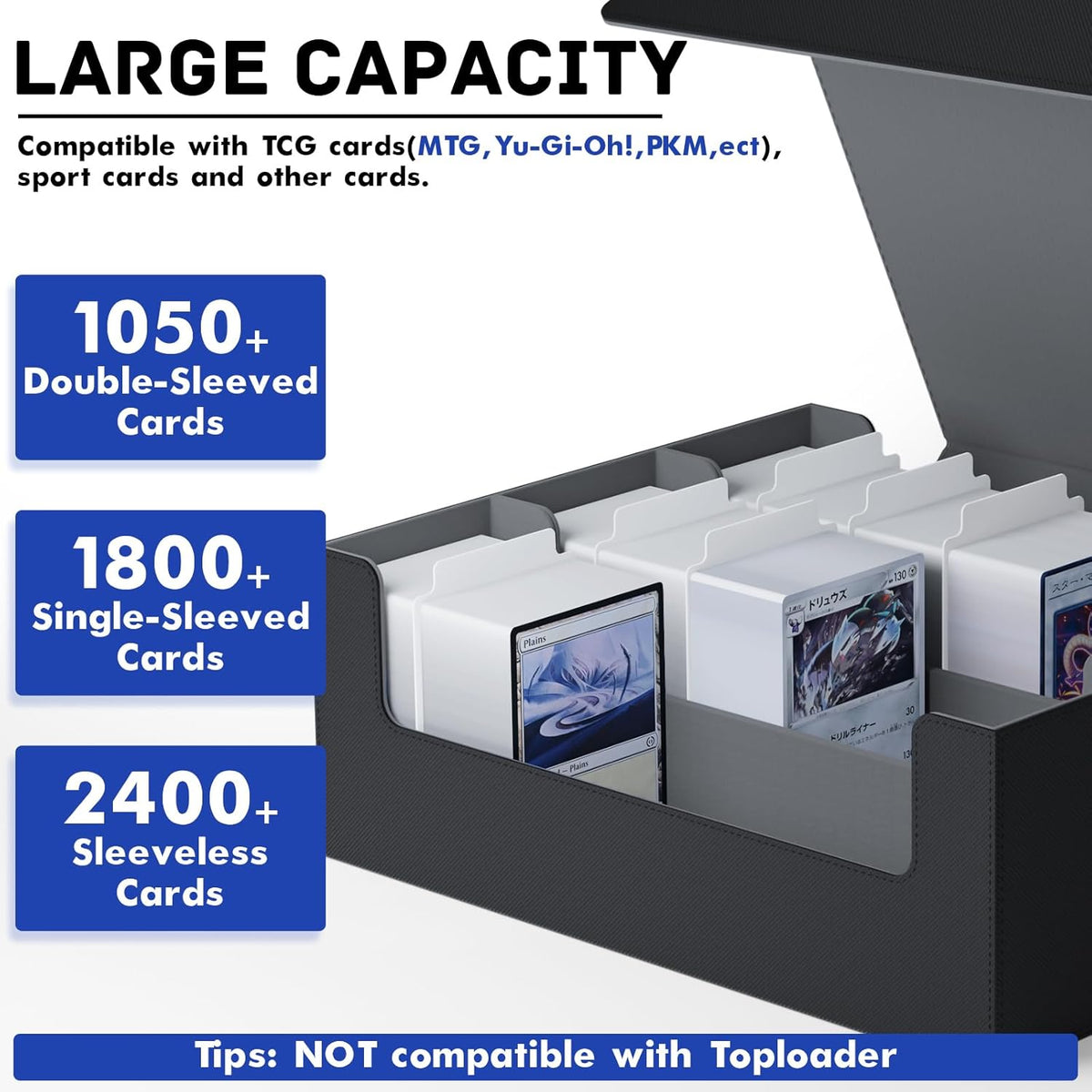ZLCA Card Storage Box for MTG PTCG, Commander Deck Box Holds 3000+ Cards, Card Storage Case with 4 Stoppers, Card Organizer for TCG Sport Cards (Black) - PuriLite