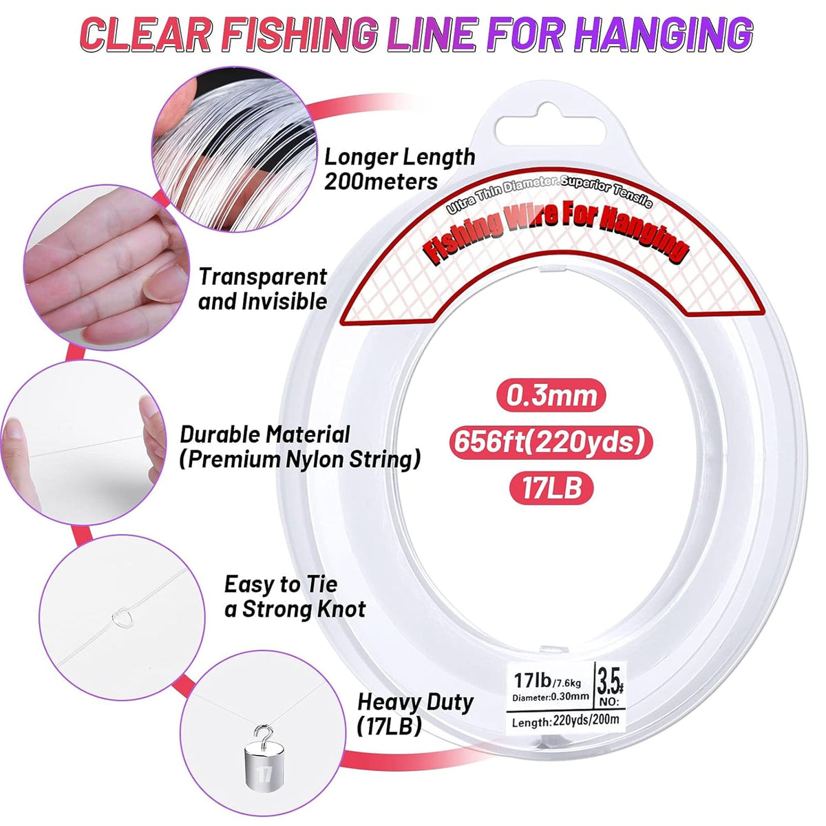 Clear Fishing Wire, Acejoz 656FT Fishing Line Clear Invisible Hanging Wire Strong Nylon String Supports 40 Pounds for Balloon Garland Hanging Decorations - PuriLite