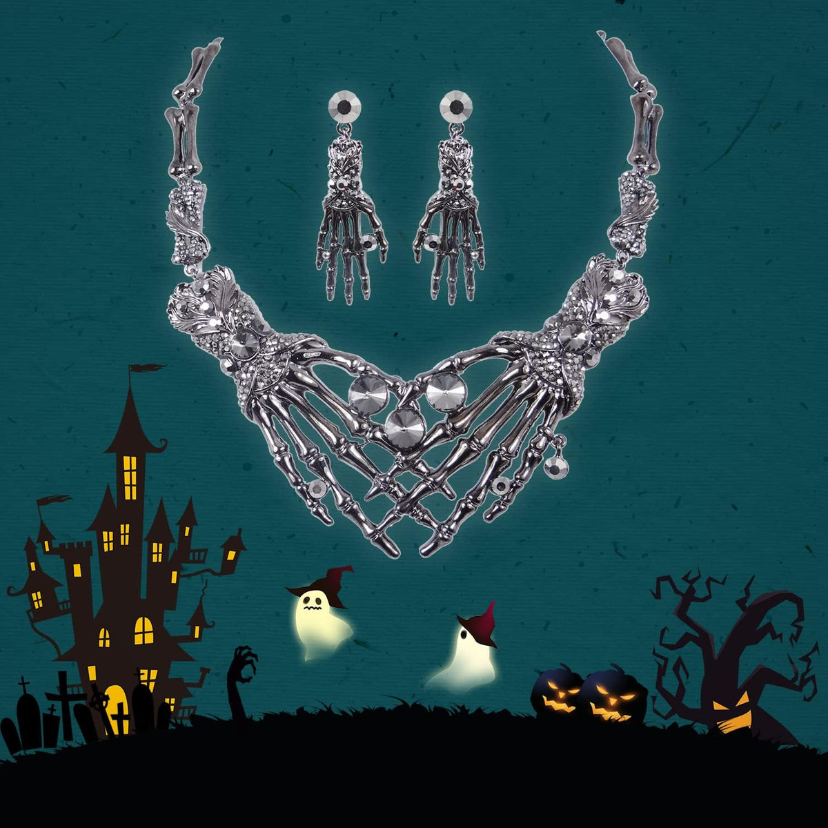 EVER FAITH Austrian Crystal Halloween Skeleton Hand Skull Necklace Earrings Set - PuriLite