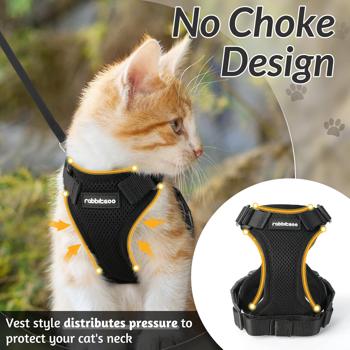 rabbitgoo Cat Harness and Leash for Walking, Escape Proof Soft Adjustable Vest Harnesses for Small Medium Cats, Easy Control Breathable Reflective Strips Jacket, XS, Black - PuriLite