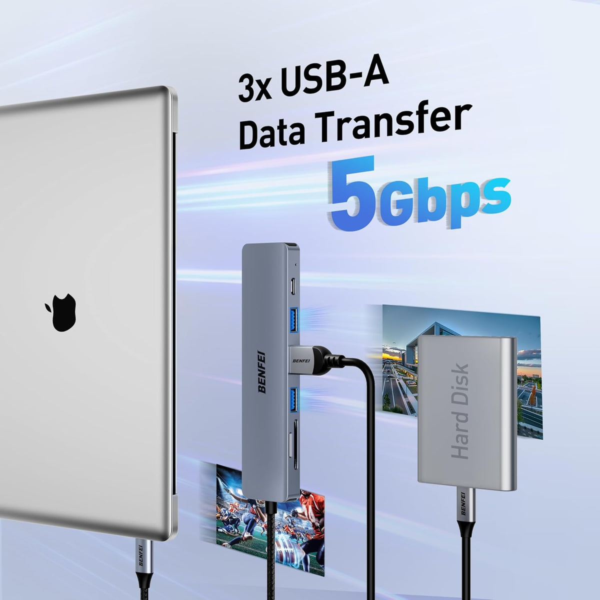 BENFEI USB C HUB 7in1, USB C HUB Multiport Adapter with USB-C to HDMI, USB-C to SD/TF Card Reader/3*USB 3.0/100W Power Delivery, Compatible with iPhone 15 Pro/Max, MacBook, iPad Pro, iMac, S23, XPS17 - PuriLite