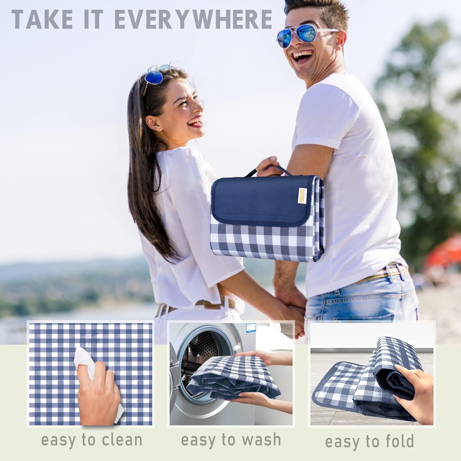 SAMSIER Large Outdoor Picnic Blankets Waterproof Foldable, Beach Blanket Sandproof Portable, Cute Picnic Mat Washable (Navy Blue, 60"×80") - PuriLite