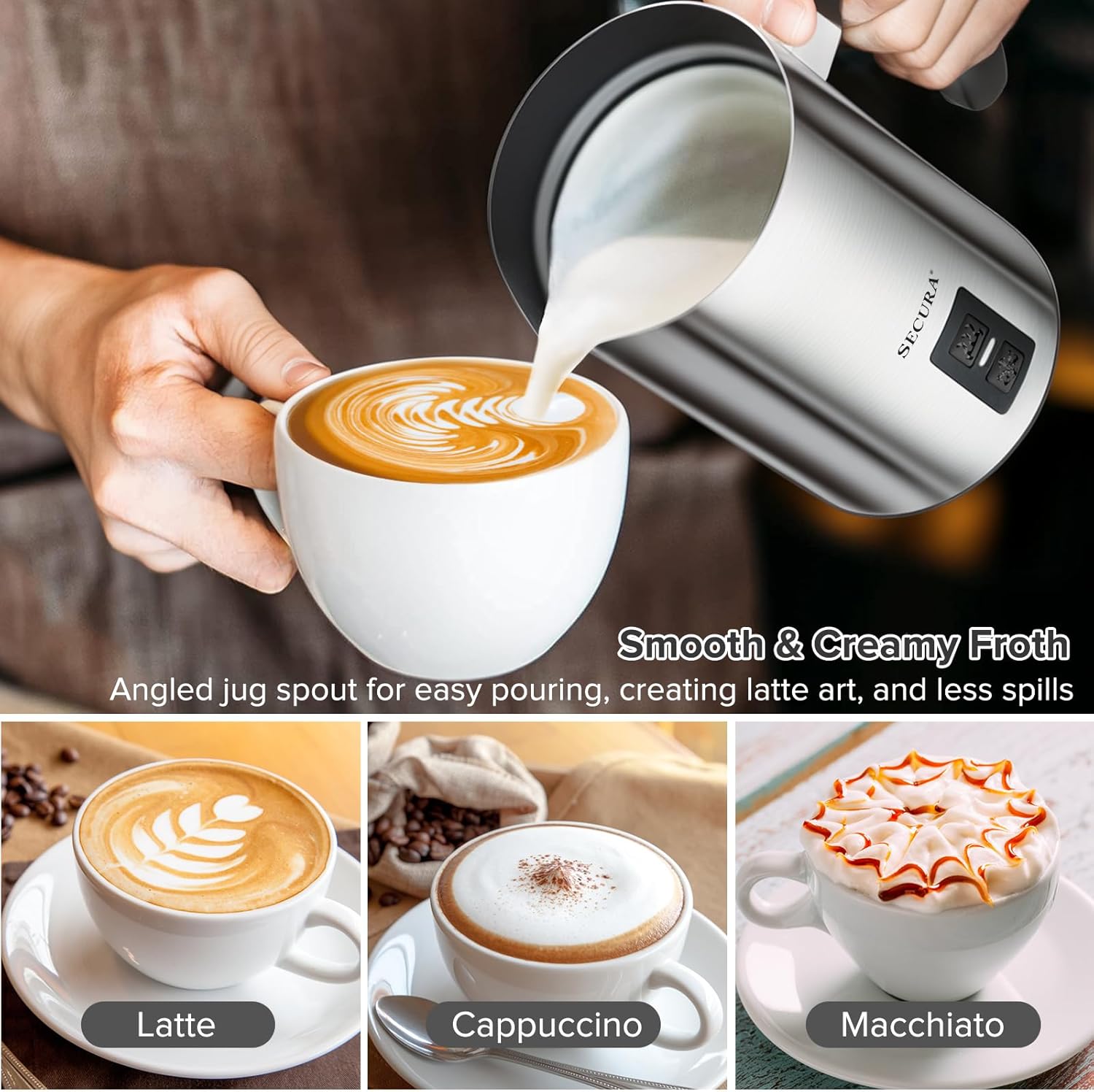 Secura Electric Milk Frother, Automatic Milk Steamer Warm or Cold Foam Maker for Coffee, Cappuccino, Latte, Stainless Steel Milk Warmer with Strix Temperature Controls (Black) - PuriLite