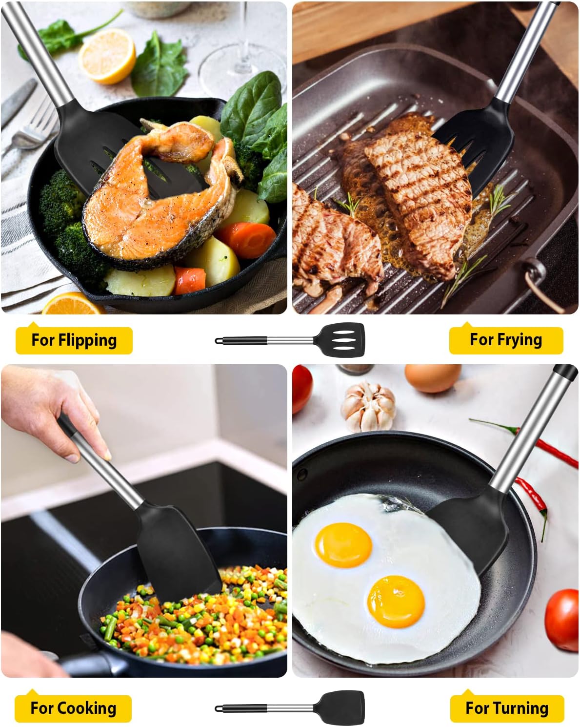 Pack of 2 Silicone Slotted Spatula,Non Stick Solid Kitchen Turner, High Heat Resistant BPA Free Cooking Utensils for Fish, Eggs, Pancakes（Black - PuriLite
