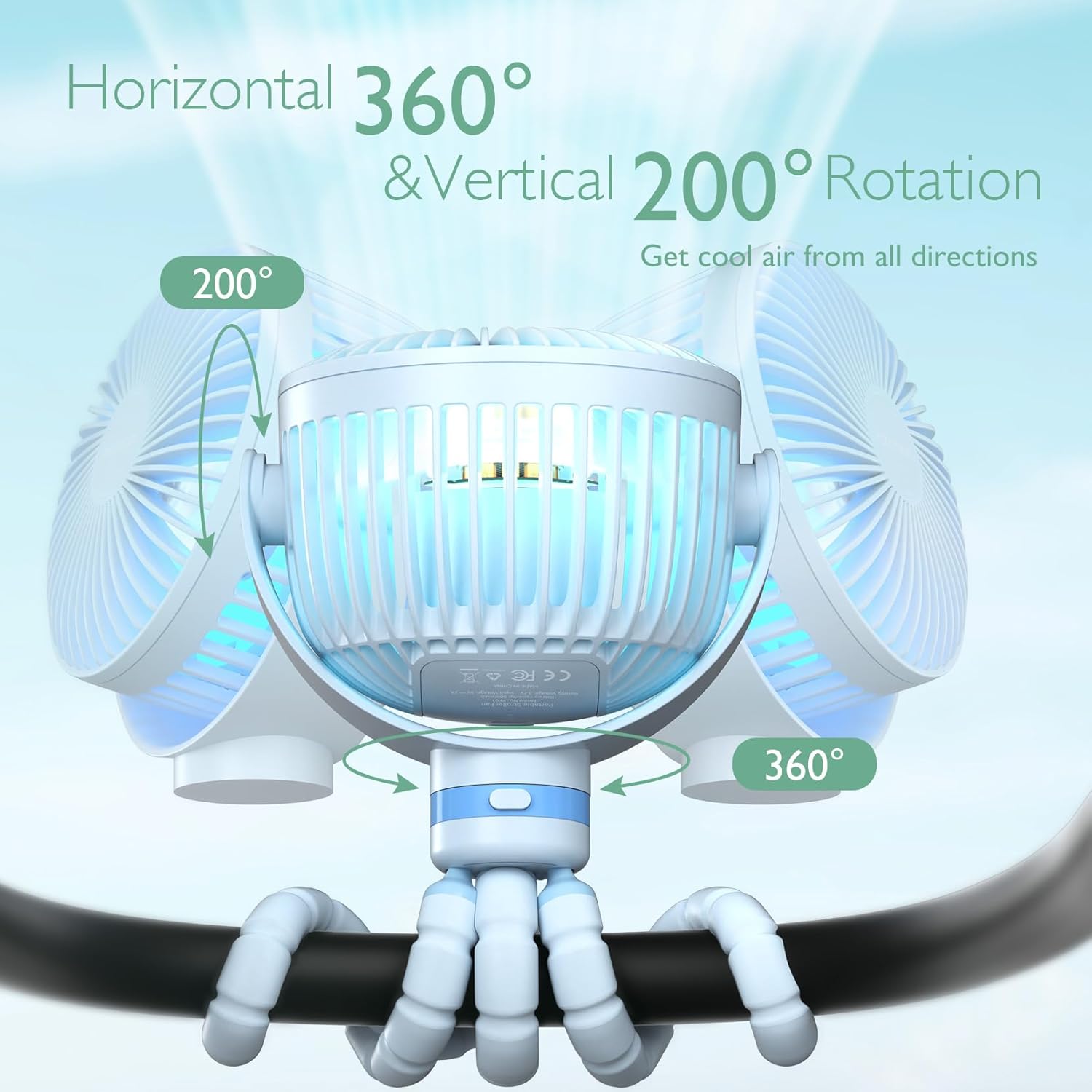Momcozy Portable Stroller Fan, 27H Ultra-long Battery Life, Detachable 4 Speed 360°Rotate, LED Night Light with 2 Modes, USB Rechargeable and Handheld Cooling Fan for Travel, Car Seat - PuriLite