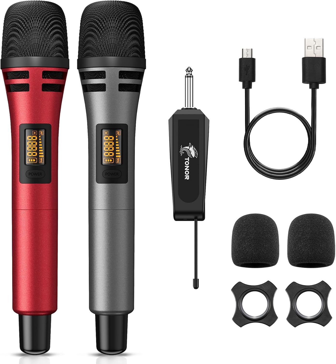 TONOR Wireless Microphones, UHF Dual Karaoke Microphone System, Microfonos Inalambricos with Rechargeable Receiver, Cordless Dynamic Mic for Singing, Wedding, DJ, Party, Speech TW320 Grey - PuriLite
