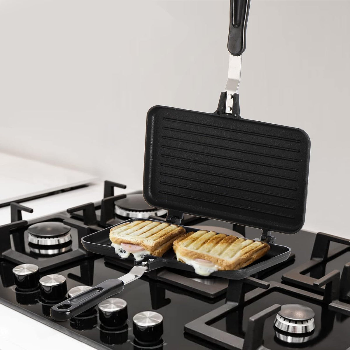 SOUJOY Sandwich Maker, Non-stick Grill Panini Maker Pan with Handle, Stovetop Toasted Aluminum Flip Pan Indoor Outdoor Camping Home Kitchen Breakfast - PuriLite