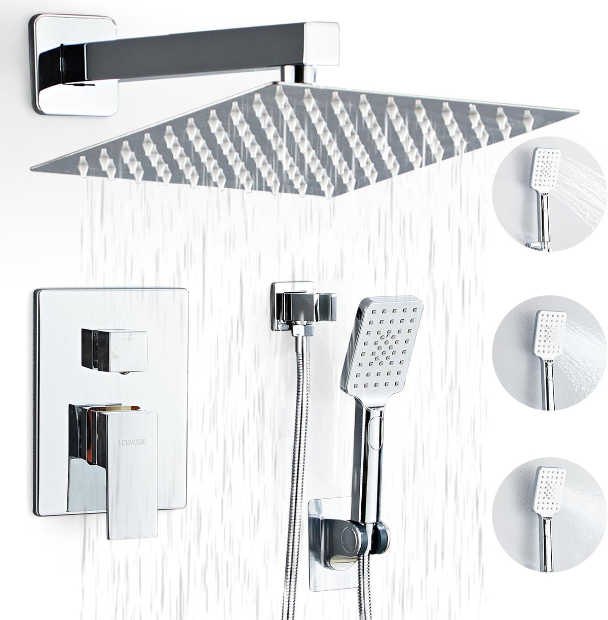 LCEVCGK Shower Faucet Set Complete Matte Black Shower System with 8 inch Square Rainfall Shower Head 3-Function Handheld Shower Waterfall Bathtub Spout Rain Shower Combo Set Bathroom Wall Mounted - PuriLite