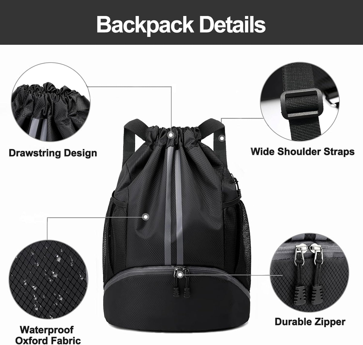 Hoedia Sports Drawstring Backpack - String Swim Gym Bag with Shoes Compartment and Wet Proof Pocket for Women/Men - PuriLite