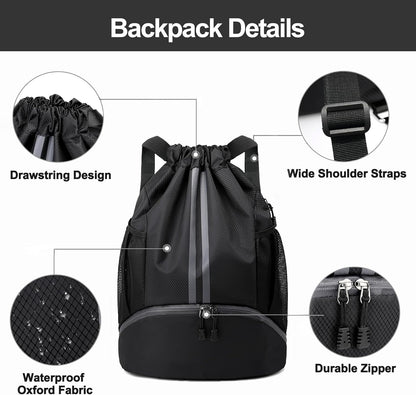 Hoedia Sports Drawstring Backpack - String Swim Gym Bag with Shoes Compartment and Wet Proof Pocket for Women/Men - PuriLite