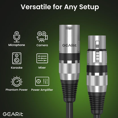 GEARit XLR Male to Female Microphone Cable (10 Feet, 6-Pack) 3-Pin Balanced Shielded Mixer, Recording Studio, Podcast - Black - PuriLite
